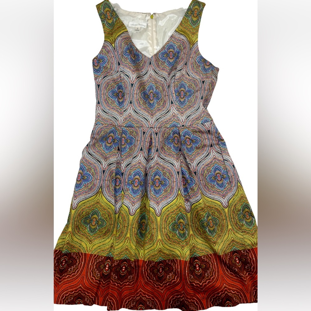 LONDON TIMES Size 14 A-Line Dress Blue Yellow Red Floral Pockets Sleeveless